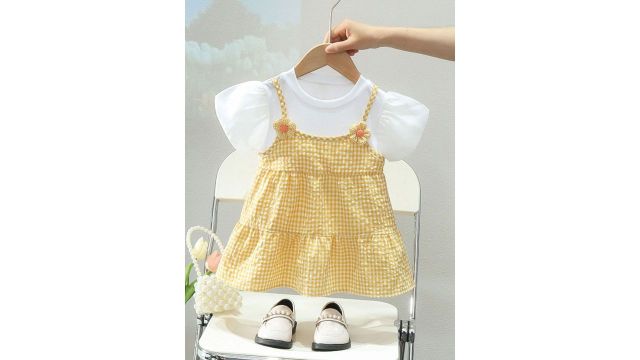 YK Girls Cotton Checked Pinafore Dress