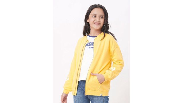 edheads Girls Yellow Printed Cotton Bomber Jacket