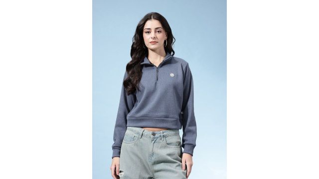glitchez Mock Collar Half Zip Crop Sweatshirt
