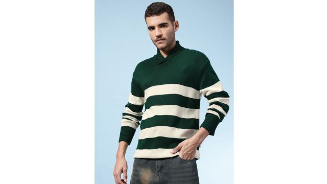 Glitchez Horizontally Self-Striped Shawl Collar Acrylic Pullover