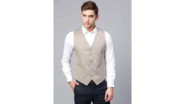MANQ Men Taupe Solid Slim Fit Single-Breasted Waistcoat