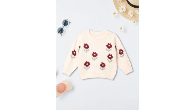 max Girls Floral Printed Pullover with Embroidered Detail (Off-white & Red, acrylic)