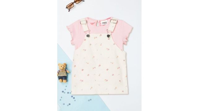 max Girls Floral Printed Shoulder Straps Pinafore Dress