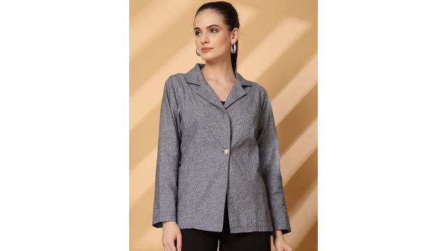 plusS Notched Lapel Cotton Single-Breasted Blazer (Blue, smart casual)