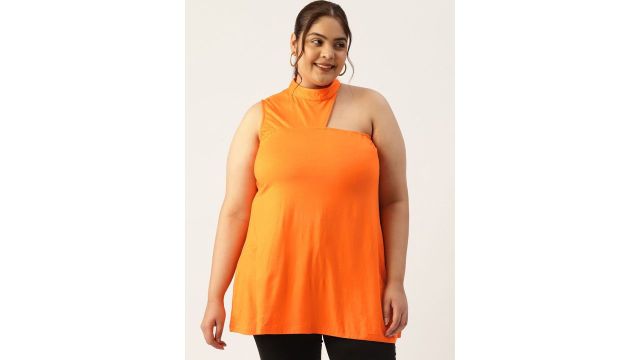 theRebelinme Women Plus Size One Shoulder Cut Out Detail Longline Top