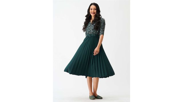 AASK Accordion Pleated V-Neck Fit & Flare Midi Dress