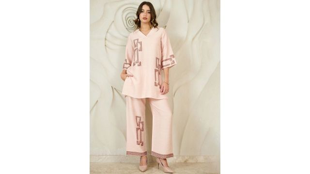 Athena Geometric Printed V-Neck Organic Cotton Kurta With Trousers