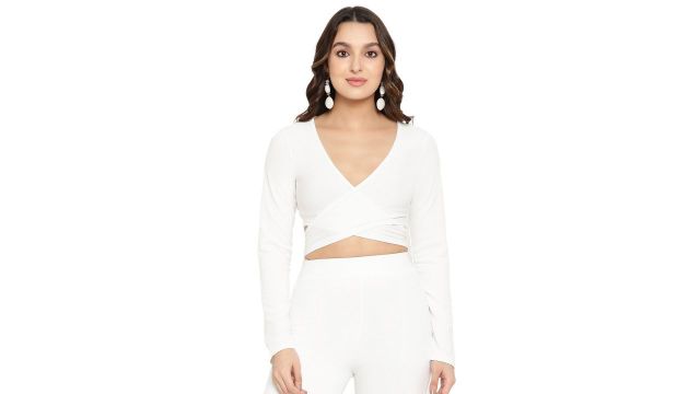 BAESD V-Neck Sheen Wrap Crop Top (White)