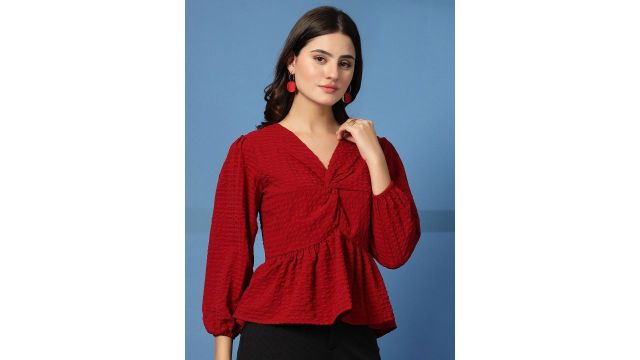 BEING NAUGHTY Women Self Design Puff Sleeves Peplum Crop Top