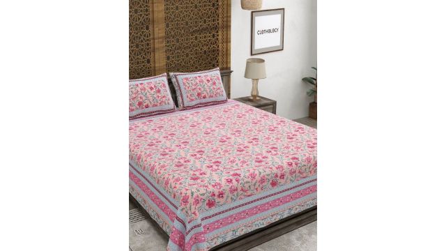 CLOTHOLOGY Pink Floral Pure Cotton 180 TC King Fine Bedsheet