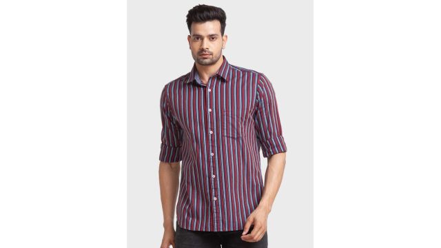 ColorPlus Men Red & Blue Striped Organic Cotton Casual Shirt