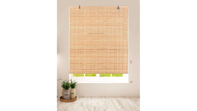Deco Window Beige Striped Room Darkening Bamboo Blinds