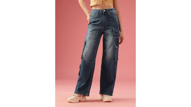 DressBerry Women Baggy Wide High-Rise Heavy Fade Stretchable Jeans