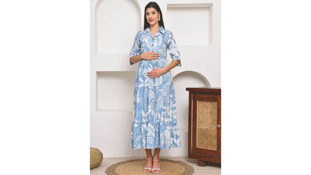 Frempy Maternity Floral Printed Shirt Collar A-Line Maxi Dress