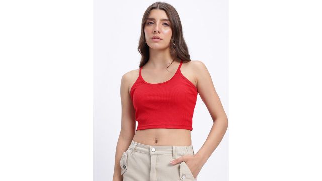 Glitchez Red Ribbed Scoop Neck Crop Camisole Top