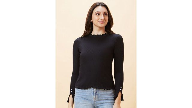 Globus Long Sleeve Ribbed High Neck Lettuce Edge Top