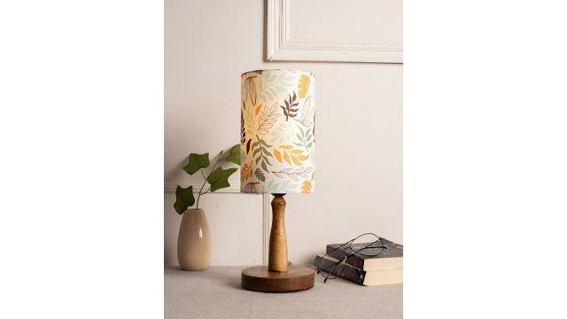 Green Girgit Printed Cylindrical Wooden Table Lamp