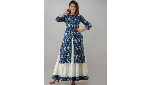 HERE&NOW Blue & White Boat Neck Floral Printed Kurta