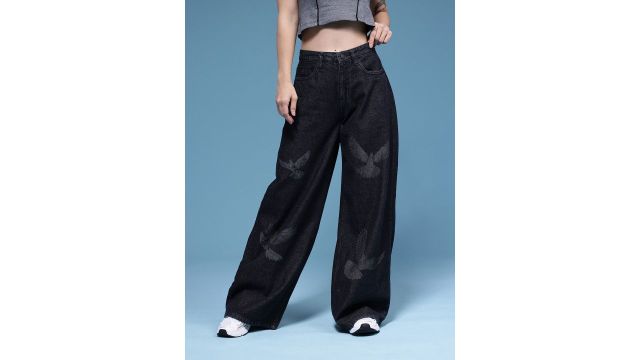 HERE&NOW Women Wildlife Print Baggy Mid-Rise Light Fade Printed Pure Cotton Jeans