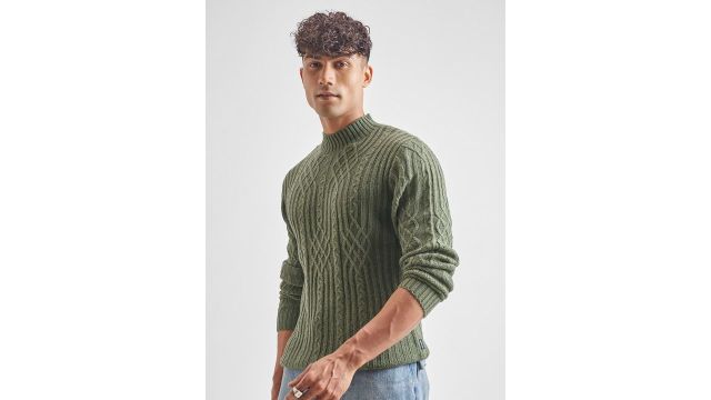 HIGHLANDER Cable Knit Mock Collar Acrylic Pullover