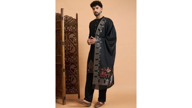 House of Pataudi Winter Pashmina Men Ethnic Motifs Woven Design Kurta