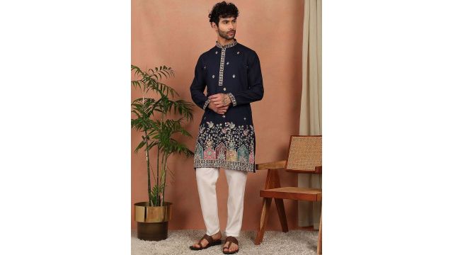 House of Pataudi (navy floral embroidered kurta + white trousers)