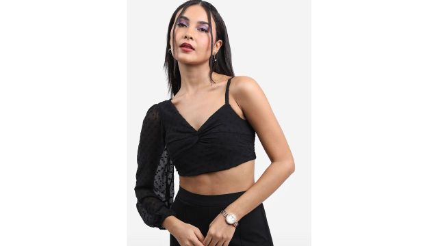 KETCH Self Design One Shoulder Puff Sleeves Bralette Crop Top