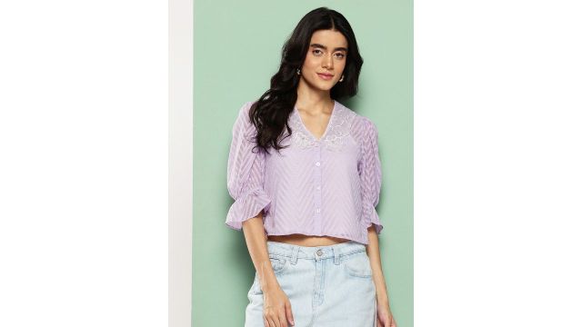 Killer Dobby Weave Striped Semi Seer Lace Inserts Crop Top