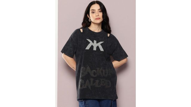 Kook N Keech Typography Printed Oversized T-shirt with Cut Outs Detail