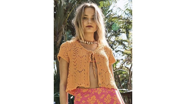 LULU & SKYWomen Tie-Up Neck Crochet Pointelle-knit Shirt Style Top