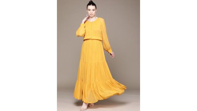 Label Ritu Kumar Georgette Tiered Maxi Dress (yellow)