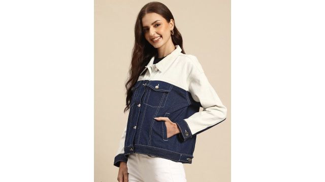 Mast & Harbour Colourblocked Drop-Shoulder Sleeves Pure Cotton Trucker Denim Jacket