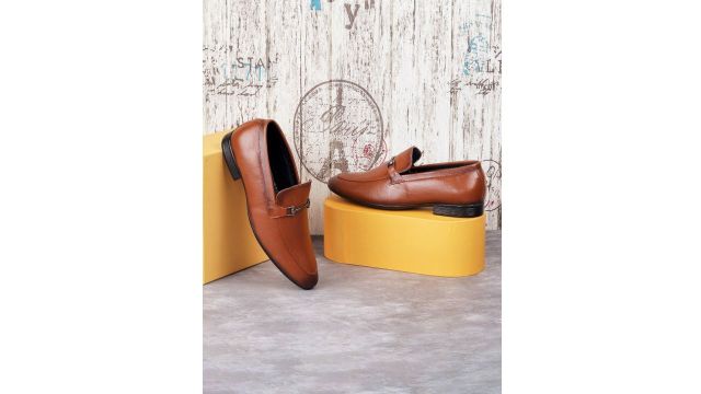 Mochi Men Tan Brown Solid Leather Loafers Formal Shoes