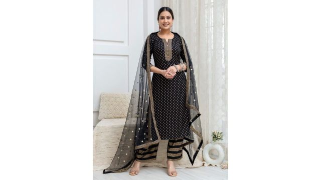 Nayo Women Black Printed Kurta with Palazzos & With Dupatta