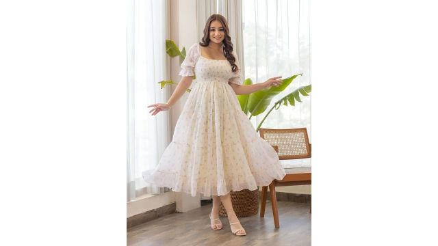 OTABU Floral Print Puff Sleeve Smocked Fit and Flare Midi Dress