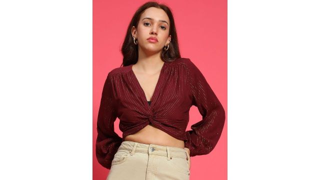 Oxolloxo Women V-Neck Bishop Sleeves Wrap Crop Top