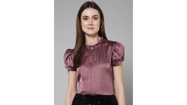 PURYS WORKSPACE Women Mandarin Collar Satin Blouson Top