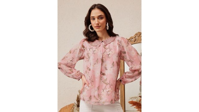 QUIEROWomen Floral Printed Peter Pan Collar Top