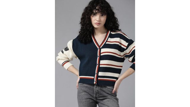 Roadster Women Navy Blue & Cream-Coloured Striped Cardigan