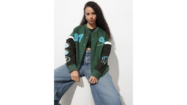 RoadsterThe Life Co. Embroidered Mandarin Collar Varsity Bomber Jacket