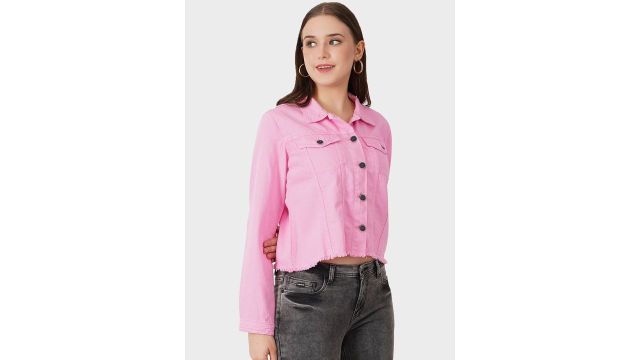Roadster Pink Spread Collar Denim Crop Jacket