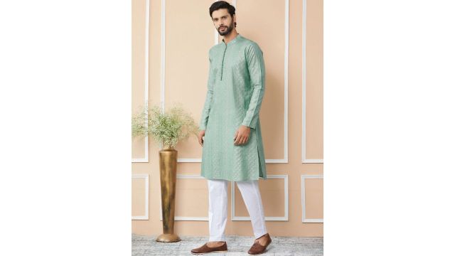 See Designs Mandarin Collar Ethnic Motifs Thread Work Chanderi Silk Kurta