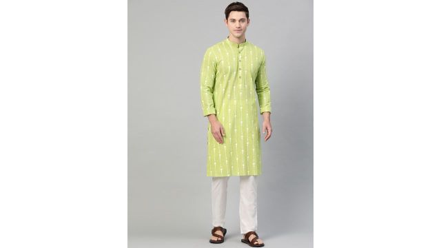 See Designs Men Lime Green & White Printed Pure Cotton Straight Kurta