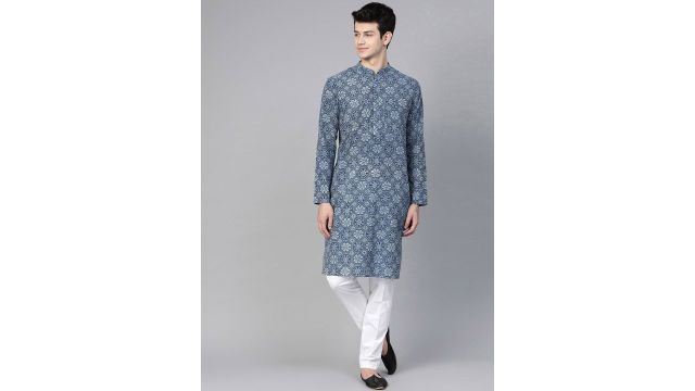 See Designs Men Navy & White Hand Block Printed Sustainable Handloom Kurta