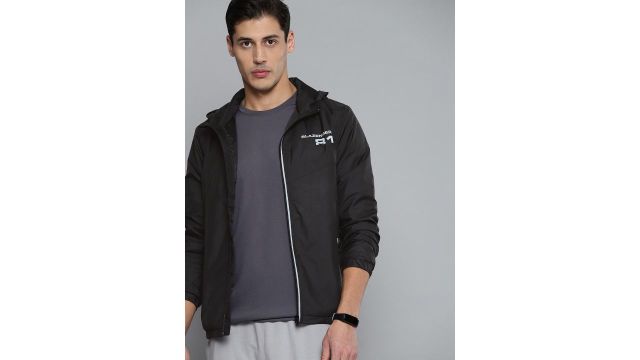 Slazenger Men Black Hooded Running Rapid-Dry Jacket with Printed Back