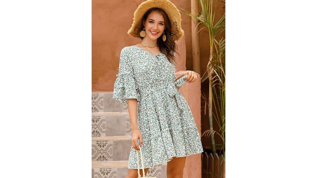 StyleCast Women Floral Print Keyhole Neck Bell Sleeve Mini Dress