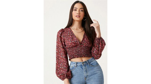 Stylecast X Slyck Floral Printed V-Neck Puff Sleeves Smocked Fitted Crop Top