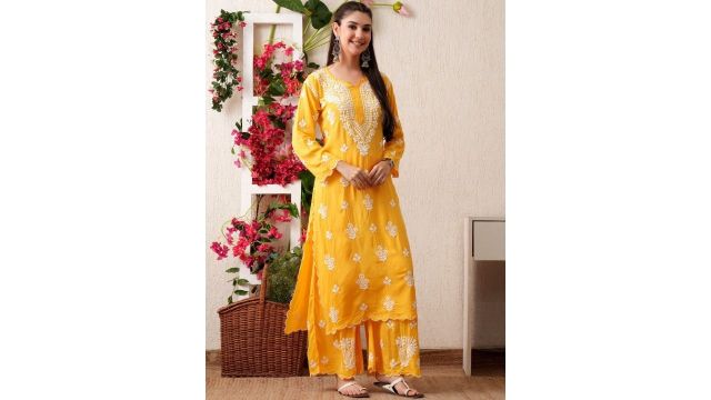 Syrish Floral Embroidered Notch Neck Chikankari Organic Cotton Straight Kurta With Palazzo