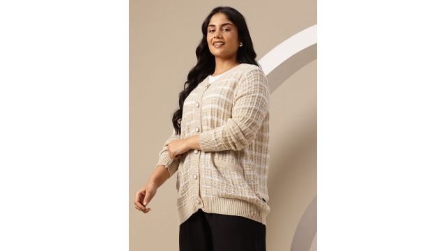 Sztori Plus Size Acrylic Self Design Striped Cardigan