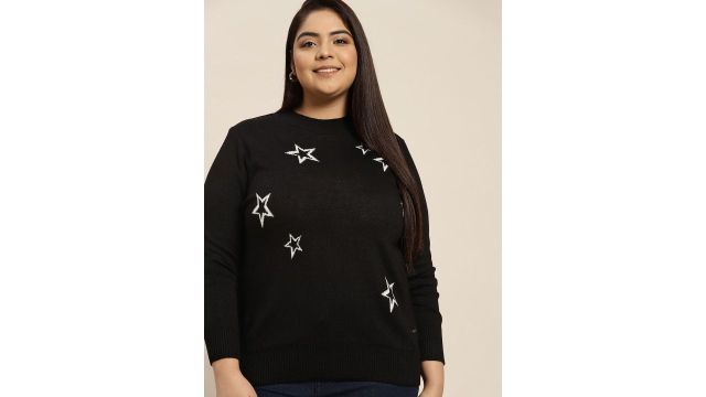 Sztori Women Plus Size Black & White Self Design Acrylic Sweater